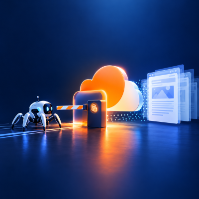 Futuristic illustration of an AI web crawler approaching a payment gateway in front of a glowing cloud and web pages, representing Cloudflare Pay Per Crawl and paid data access
