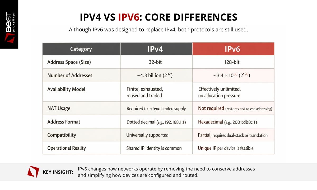 The differences between IPv6 and IPv4 as the two protocols differ significantly in their design, address structure, and capabilities