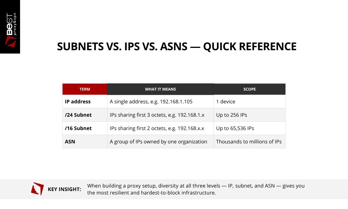 Subnets vs IPs vs ASNs term meaning and scop table