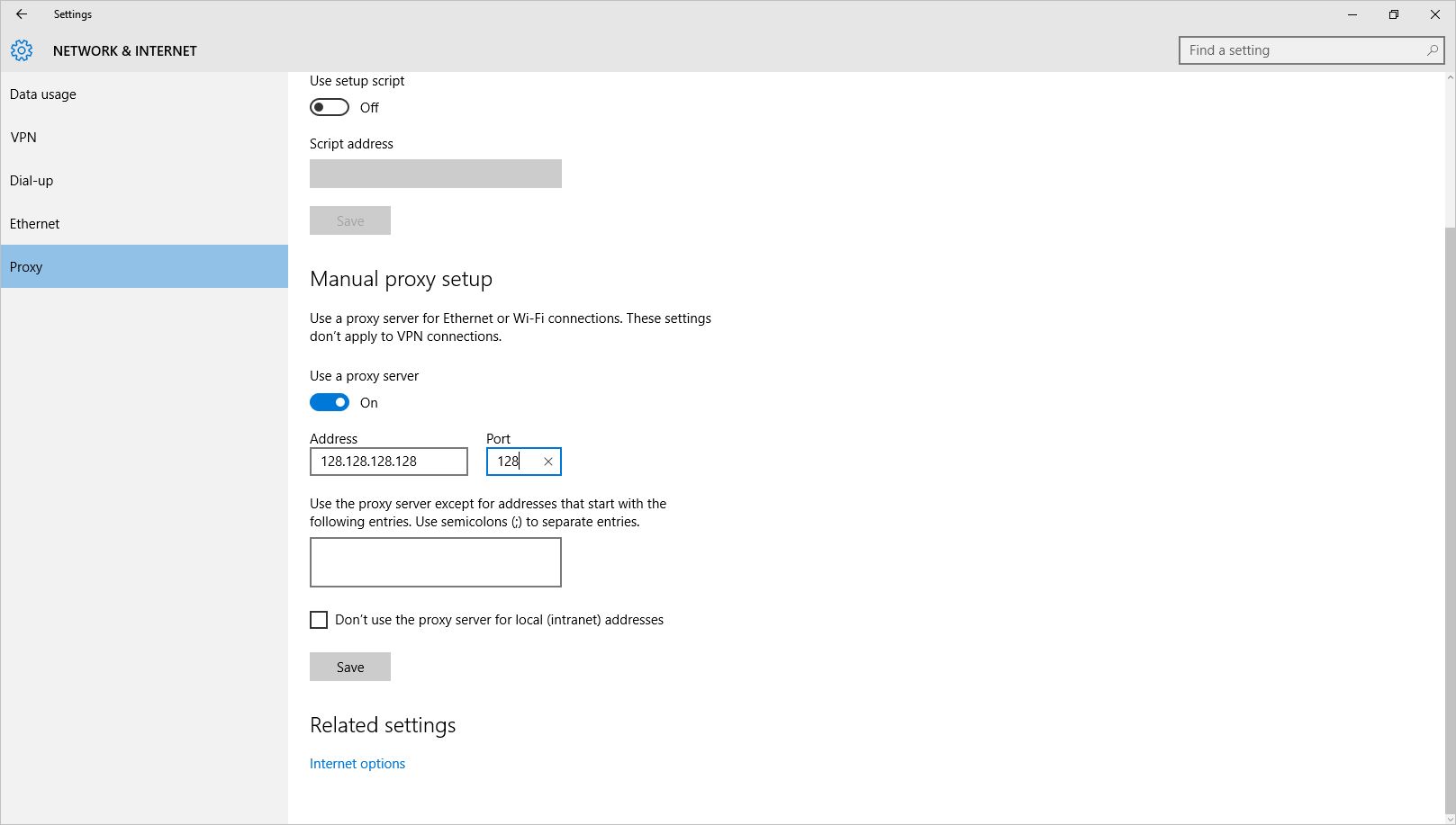 Toggle the Manual proxy setup