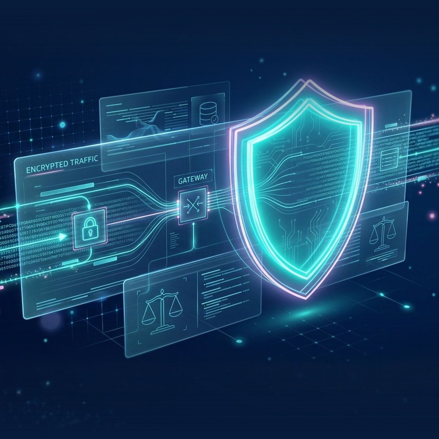 Holographic shield within a proxy server network interface illustrating encryption, logging practices, and the legal framework around proxy use